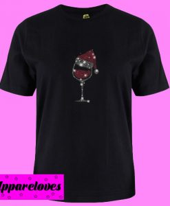 Christmas rhinestone wine glasses with Santa hat T shirt