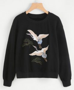 Crane Bird Embroidered Pullover ay