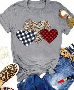 Plaid Leopard Print Heart Valentine T-shirt ZNF08