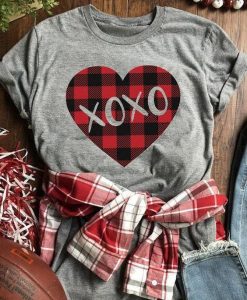 Valentine Plaid Splicing Xoxo Heart T-Shirt ZNF08