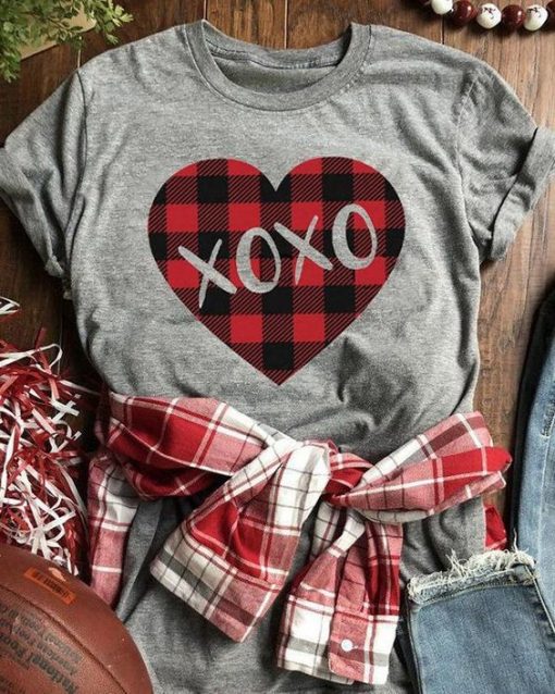 Valentine Plaid Splicing Xoxo Heart T-Shirt ZNF08