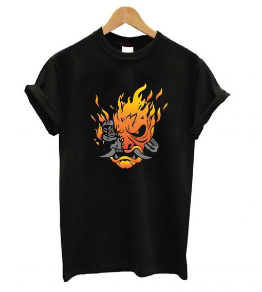 Cyberpunk 2077 Samurai Skull Flames Logo T Shirt KM