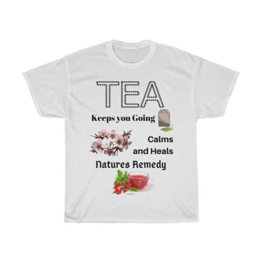 Celebrating Tea calms, heals perfect for anyone that loves tea! This cotton tee is a must for any tea lover!