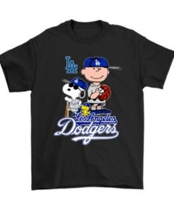 Baseball Los Angeles Dodgers Snoopy Funny MLB Peanuts Black Cotton T-Shirt