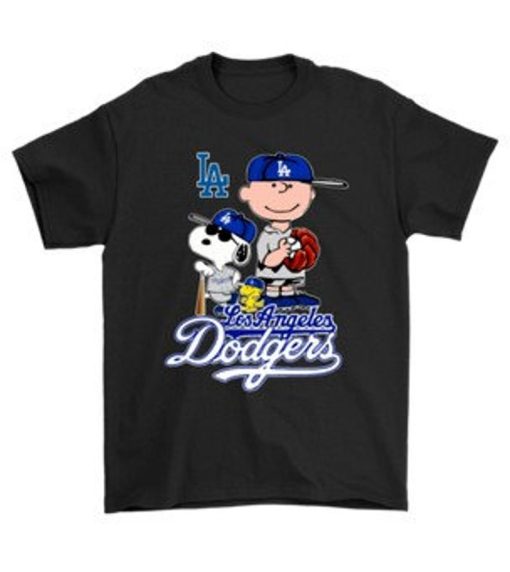 Baseball Los Angeles Dodgers Snoopy Funny MLB Peanuts Black Cotton T-Shirt