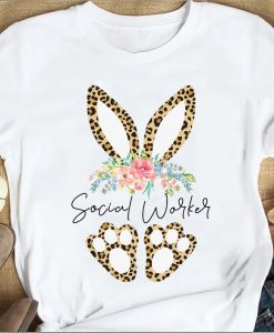 Floral Leopard Print Easter Bunny Social Worker T-shirt, Gift For Womens Girls