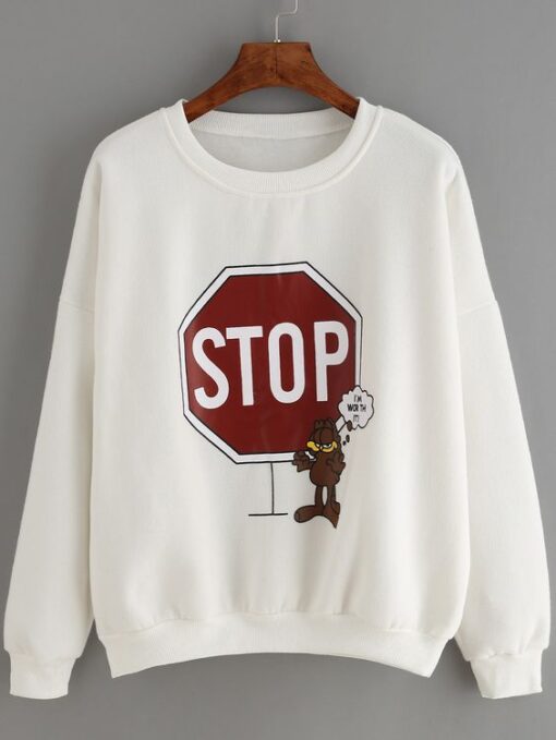 Dropped Shoulder Seam Letter Print White Sweatshirt AY